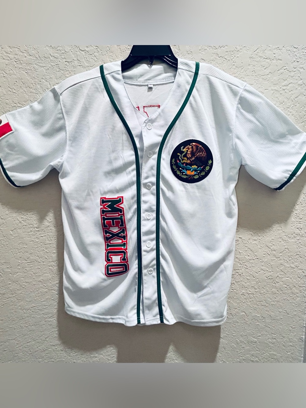 Men's Mexico Baseball Jersey Button Front White/Green/Red Trim Size M
